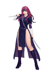 Rule 34 | 1girl, absurdres, bandaged arm, bandages, boots, closed mouth, dagger, dual wielding, full body, headband, high heel boots, high heels, highres, holding, holding dagger, holding knife, holding weapon, knife, long hair, looking at viewer, ninja, original, pelvic curtain, red eyes, red hair, reverse grip, short sword, simple background, siun, solo, sword, tantou, weapon, white background
