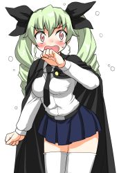 Rule 34 | 1girl, anchovy (girls und panzer), anzio school uniform, blush, breasts, drill hair, embarrassed, girls und panzer, green hair, long hair, looking to the side, medium breasts, mono (moiky), open mouth, school uniform, skirt, solo, standing, twin drills, twintails, white legwear, wide hips