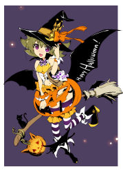 Rule 34 | 1girl, bad id, bad pixiv id, bat (animal), bat wings, blonde hair, broom, candy, cat, fang, food, halloween, happy halloween, hat, jack-o&#039;-lantern, no panties, pumpkin, purple background, purple eyes, sanbasou, short hair, solo, striped clothes, striped thighhighs, thighhighs, wings, witch hat, wrist cuffs