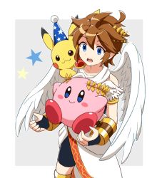 Rule 34 | 1boy, 1other, angel wings, blue eyes, blush, brown hair, copy ability, creatures (company), feathered wings, game freak, gen 1 pokemon, haruhi (xy161027z), hat, jewelry, kid icarus, kirby, kirby (series), long hair, nintendo, open mouth, pikachu, pit (kid icarus), pokemon, pokemon (creature), short hair, smile, super smash bros., wings