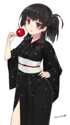 Rule 34 | 10s, 1girl, :p, alternate hairstyle, black hair, black kimono, black theme, breasts, candy apple, covered erect nipples, floral print, food, hair ornament, hair ribbon, hair up, hand on own hip, highres, holding, isokaze (kancolle), japanese clothes, kantai collection, kimono, kuro chairo no neko, long hair, long sleeves, looking at viewer, obi, paw print, pink eyes, ponytail, red eyes, red ribbon, ribbon, sash, simple background, small breasts, smile, solo, tongue, tongue out, tress ribbon, twitter username, white background, wide sleeves, yukata