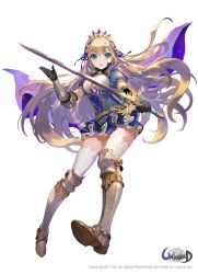 Rule 34 | 1girl, armor, black gloves, blonde hair, blue eyes, braid, breasts, cape, cleavage, cleavage cutout, clothing cutout, elbow gloves, full body, gloves, greaves, hair ribbon, highres, long hair, ribbon, simple background, solo, sword, thighhighs, tiara, tob, twin braids, unleashed, vambraces, very long hair, watermark, weapon, white background, white thighhighs, zettai ryouiki