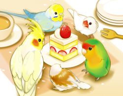 Rule 34 | animal, animal focus, bird, budgerigar (bird), cake, cake slice, circle formation, cockatiel, commentary, cup, finch, food, food focus, fork, fruit, java sparrow, looking at food, lovebird, no humans, original, parrot, plate, strawberry, strawberry shortcake, torikawawa, white java sparrow