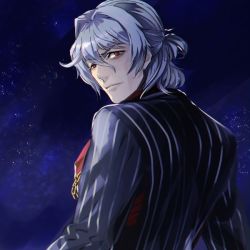 Rule 34 | 1boy, antonio salieri (fate), antonio salieri (second ascension) (fate), ascot, back, black jacket, eyebrows, fate/grand order, fate (series), formal, gloves, jacket, long sleeves, looking at viewer, male focus, neckwear request, night, pinstripe pattern, red ascot, red eyes, short hair, sky, solo, striped, su (tontonkon), suit, upper body, white hair
