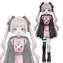 Rule 34 | 1girl, animal collar, black footwear, black jacket, black ribbon, black thighhighs, blunt bangs, chain, collar, commission, dress, full body, hair ribbon, highres, indie virtual youtuber, jacket, jewelry, long hair, looking at viewer, muni (vtuber), necklace, open clothes, open jacket, open mouth, pink dress, pink eyes, pink ribbon, razor blade, ribbon, second-party source, shiona (siona0625), short dress, simple background, single thighhigh, sleeves past wrists, smile, standing, straight-on, thigh strap, thighhighs, twintails, upper body, watermark, white background, zoom layer