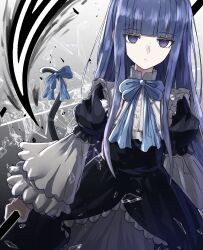 Rule 34 | 1girl, absurdres, black dress, blue bow, blue bowtie, blue hair, blunt bangs, bow, bowtie, cat tail, dress, ebora, frederica bernkastel, frilled dress, frills, highres, holding, holding scythe, long hair, looking at viewer, purple eyes, scythe, solo, tail, tail bow, tail ornament, umineko no naku koro ni