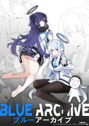 Rule 34 | 1boy, 2girls, anchorage akiko, doodle sensei (blue archive), ass, barefoot, black gloves, black pantyhose, black skirt, blue archive, blue necktie, breasts, closed mouth, collared shirt, feet, gloves, grey hair, halo, highres, jacket, large breasts, long hair, mechanical halo, multiple girls, necktie, noa (blue archive), panties, pantyhose, parted lips, pleated skirt, purple eyes, purple hair, sensei (blue archive), shirt, skirt, smile, soles, toes, two-sided fabric, two-sided jacket, two side up, underwear, white jacket, white panties, white shirt, white skirt, yuuka (blue archive)