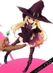 Rule 34 | akamaru, blonde hair, broom, broom riding, hat, long hair, purple eyes, solo, striped clothes, striped thighhighs, thighhighs, witch, witch hat