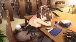 Rule 34 | 1girl, animal ears, ass, bag, bare shoulders, blue eyes, blush, book, bookcase, bookshelf, breasts, brown hair, chair, fake animal ears, gun, handbag, highres, holster, indoors, large breasts, leotard, library, long hair, looking at viewer, milk (witch&#039;s weapon), milk carton, pantyhose, playboy bunny, ponytail, rabbit ears, rabbit tail, revealing clothes, shiny clothes, shiny skin, sideboob, sitting, solo, table, tail, thigh holster, weapon, witch&#039;s weapon