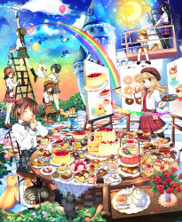 Rule 34 | 6+girls, :d, :o, animal, apron, arm up, art brush, bag, balloon, belt, beret, berry, bird, black hair, black socks, blonde hair, blue eyes, blue sky, blunt bangs, bob cut, bouquet, bow, bowtie, braid, bread, brown eyes, brown footwear, brown hair, bubble, bug, building, bunt cake, butterfly, buttons, cake, canvas (object), castle, cat, chocolate doughnut, closed eyes, cloud, collared shirt, colorful, cookie, crescent moon, cup, cupcake, dessert, dog, doily, doughnut, dress shirt, easel, eating, finger to mouth, flower, food, foodgasm, fruit, gelatin, glass, green skirt, grey skirt, hair ornament, hairclip, half updo, hanabana tsubomi, hand on own cheek, hand on own face, happy, hat, heart balloon, highres, holding, ice cream, insect, kneehighs, kneeling, ladder, loafers, long hair, long sleeves, loose socks, macaron, mochi, moon, mouse (animal), mousse (food), multiple girls, napkin, necktie, open mouth, orange skirt, original, outstretched arm, paint, paint can, paint roller, paintbrush, painting (action), palette (object), pancake, pantyhose, paper, parfait, pavement, pie, pink flower, pink rose, plaid, plaid skirt, plant, plate, pleated skirt, pocky, pouch, pudding, purple skirt, rabbit, rainbow, reaching, red flower, red necktie, red rose, red skirt, roller, rose, saucer, shirt, shoes, short hair, shoulder bag, single braid, sitting, skirt, sky, sleeping, sleeves rolled up, smile, socks, spire, spoon, squirrel, standing, star (sky), starry sky, strawberry, strawberry shortcake, striped bow, striped bowtie, striped clothes, striped necktie, striped neckwear, sundae, sweets, swiss roll, table, tablecloth, tart (food), tea, tea set, teacup, teapot, thighhighs, tiered serving stand, tiered tray, tower, tray, twin braids, vase, vines, wafer stick, wagashi, wavy hair, white legwear, white shirt, window, zettai ryouiki
