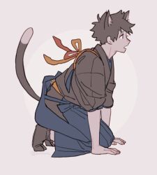 Rule 34 | 1boy, animal ears, blue eyes, cat boy, cat ears, cat tail, conohi (snvcenni), from side, full body, hand on floor, japanese clothes, kneeling, leaning forward, male focus, original, profile, solo, tabi, tail, white background