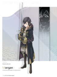Rule 34 | 1boy, absurdres, black hair, boots, brown footwear, character name, cloak, fire emblem, fire emblem awakening, full body, gloves, highres, holding, holding sword, holding weapon, hood, hooded cloak, kozaki yuusuke, long sleeves, looking at viewer, male focus, morgan (fire emblem), morgan (male) (fire emblem), nintendo, page number, pants, pants tucked in, short hair, simple background, solo, standing, sword, weapon
