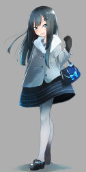 Rule 34 | 10s, 1girl, alternate costume, anchor clip, anchor hair ornament, asashio (kancolle), bag, black gloves, black hair, blue eyes, buttons, coat, comah, dress, gloves, grey background, grey pantyhose, hair ornament, hairclip, kantai collection, long hair, looking at viewer, mary janes, open mouth, pantyhose, shoes, smile, solo