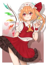 Rule 34 | 1girl, absurdres, ascot, blonde hair, closed mouth, collared shirt, commentary, contrapposto, cowboy shot, crossed bangs, crystal, drop shadow, eyebrows hidden by hair, flandre scarlet, frilled vest, frills, gradient background, hair between eyes, hat, hat ribbon, heart, highres, index finger raised, looking up, medium hair, mob cap, multicolored wings, nail polish, one side up, pink background, puffy short sleeves, puffy sleeves, red eyes, red nails, red ribbon, red skirt, red vest, ribbon, shiomi lua, shirt, short sleeves, simple background, skirt, skirt set, smile, solo, standing, touhou, vest, white hat, white shirt, wings, yellow ascot