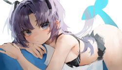 Rule 34 | 1girl, absurdres, ass, blue archive, blue eyes, blue hair, breasts, closed mouth, hair ornament, halo, highres, inflatable toy, long hair, looking at viewer, lying, medium breasts, on stomach, simple background, solo, swimsuit, white background, yonchan, yuuka (blue archive)