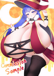 Rule 34 | black thighhighs, blue eyes, blue hair, breasts, cape, chestnut mouth, christmas, cleavage, commission, cowboy shot, english text, expressionless, fur-trimmed collar, fur trim, gigantic breasts, half-closed eyes, hat, highres, long hair, matching hair/eyes, moon, no nose, oppai loli, red cape, sideboob, simple background, skindentation, sparkle, standing, thick thighs, thighhighs, thighs, witch hat, wrist cuffs, yasume (cheap melon soda), yellow background