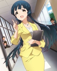 Rule 34 | 10s, 1girl, 3boys, :d, artist request, blue hair, blush, book, brown eyes, formal, idolmaster, idolmaster million live!, jacket, jewelry, kitakami reika, long hair, multiple boys, necklace, official art, open mouth, pencil skirt, pointing, pointing up, skirt, skirt suit, smile, suit, teacher, twintails, watch