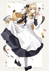 Rule 34 | 1girl, apron, blonde hair, blue eyes, breasts, commentary request, drill hair, drill sidelocks, frilled apron, frills, genshin impact, hair between eyes, hair ornament, highres, long hair, long sleeves, looking at viewer, maid, maid apron, maid headdress, medium breasts, navia (genshin impact), puffy sleeves, sidelocks, simple background, smile, solo, utori (tanakautori), very long hair, white apron, wrist cuffs