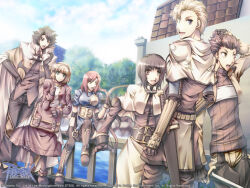 3boys 3girls acolyte_(ragnarok_online) archer_(ragnarok_online) blonde_hair blue_shirt blue_sky boots bow_(weapon) breasts brown_cape brown_eyes brown_footwear brown_gloves brown_hair brown_hairband brown_jacket brown_pants brown_shirt brown_shorts brown_skirt brown_thighhighs cape capelet closed_mouth cloud compression_sleeve copyright_notice cowboy_shot day gloves green_eyes guest_art hairband holding holding_bow_(weapon) holding_weapon jacket logo long_sleeves looking_afar looking_at_another looking_at_viewer looking_back looking_to_the_side mage_(ragnarok_online) medium_breasts medium_hair merchant_(ragnarok_online) multiple_boys multiple_girls muneate official_art official_wallpaper open_mouth pants pink_hair ragnarok_online railing river romina_takelu shirt short_hair short_sleeves shorts shrug_(clothing) sitting skirt sky small_breasts smile standing swordsman_(ragnarok_online) thief_(ragnarok_online) thighhighs tree vambraces weapon white_capelet white_shirt white_skirt