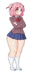 Rule 34 | 1girl, blush, crossed arms, curvy, doki doki literature club, hair ornament, hairclip, highres, natsuki (doki doki literature club), pink eyes, pink hair, school uniform, skirt, socks, solo, thick thighs, thighs, white background, wide hips, young savage