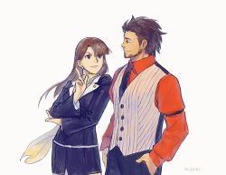 Rule 34 | 1boy, 1girl, ace attorney, artist name, beard, belt, black jacket, black necktie, black pants, black skirt, blouse, blunt bangs, brown eyes, brown hair, buttons, closed mouth, collared shirt, cowboy shot, crossed arms, dated, diego armando, earrings, eye contact, facial hair, godzillapigeon1, half-closed eyes, hand up, happy, highres, index finger raised, jacket, jewelry, long hair, long sleeves, looking at another, matching hair/eyes, mia fey, miniskirt, multiple earrings, necktie, pants, pencil skirt, phoenix wright: ace attorney - trials and tribulations, pinstripe pattern, pinstripe vest, red shirt, scarf, shirt, short hair, signature, simple background, skirt, smile, spoilers, standing, striped, v-shaped eyebrows, vest, white background, white shirt, white vest, yellow scarf