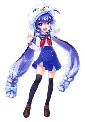 Rule 34 | 1girl, ahoge, artist request, black thighhighs, blue collar, blue eyes, blue hair, blue nails, blue shorts, braid, collar, collared shirt, commentary, eel hat, fang, full body, hand in own hair, hand up, highres, large hat, long hair, looking at viewer, nail polish, neckerchief, official art, open mouth, otomachi una, over-kneehighs, red neckerchief, sailor collar, shirt, shorts, skin fang, skindentation, smile, solo, suspender shorts, suspenders, thighhighs, transparent background, twin braids, twintails, very long hair, vocaloid, white headwear, white shirt