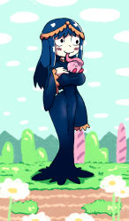 Rule 34 | 1girl, :p, blue hair, blue sky, blush stickers, breasts, cloud, cloudy sky, commentary, day, dress, empty eyes, english commentary, flower, gooey (kirby), grass, kirby, kirby (series), large breasts, long hair, long sleeves, long tongue, nintendo, original, outdoors, personification, purple dress, setz, sky, smile, solo, standing, tongue, tongue out, white flower, wide sleeves