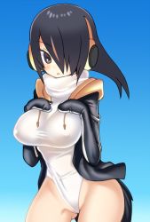 Rule 34 | 10s, 1girl, aoi souji, black hair, blush, breasts, brown eyes, covered erect nipples, covered navel, emperor penguin (kemono friends), hair over one eye, headphones, highleg, highleg leotard, highres, jacket, kemono friends, leotard, long hair, looking at viewer, multicolored hair, open clothes, open mouth, orange hair, solo, standing, taut clothes, thighhighs, white leotard, white thighhighs