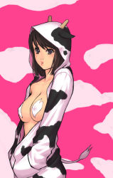 Rule 34 | 1girl, animal costume, animal ears, animal print, bad id, bad pixiv id, breasts, brown eyes, brown hair, cow costume, cow ears, cow horns, cow print, cow tail, hood, hoodie, horns, large breasts, nipples, open clothes, original, pasties, see-through, short hair, solo, tail, yuuji (and)