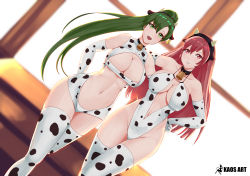 Rule 34 | 2girls, animal ears, animal print, arm behind back, bell, breasts, cherche (fire emblem), clothing cutout, collarbone, cow ears, cow horns, cow print, cow print bikini, cowbell, ear tag, elbow gloves, female focus, fire emblem, fire emblem: the blazing blade, fire emblem awakening, fire emblem heroes, gloves, green eyes, green hair, hand on own hip, highres, horns, kaos art, large breasts, long hair, lyn (fire emblem), matching hair/eyes, multiple girls, navel, neck bell, nintendo, one-piece swimsuit, open mouth, parted lips, ponytail, print bikini, print legwear, red eyes, red hair, revealing clothes, side-by-side, slingshot swimsuit, smile, swimsuit, thighhighs, two-tone swimsuit