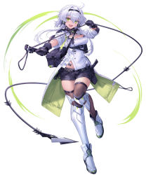 Rule 34 | 1girl, :d, absurdres, ahoge, asymmetrical footwear, black gloves, black hairband, black shorts, boots, breasts, brown thighhighs, cleavage, cleavage cutout, clothing cutout, fang, full body, gloves, green eyes, hair between eyes, hair intakes, hairband, highres, holding, knife, looking at viewer, midriff, open mouth, original, sheath, shichigatsu, short hair with long locks, short shorts, shorts, sidelocks, smile, solo, standing, standing on one leg, stomach, thighhighs, white background, white footwear, white hair