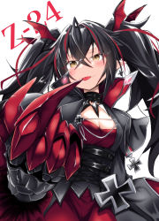 Rule 34 | 1girl, absurdres, azur lane, black choker, black dress, black hair, breasts, character name, choker, claw (weapon), cleavage, cowboy shot, cross, crossed bangs, dress, highres, iron cross, long hair, looking at viewer, multicolored hair, red hair, simple background, small breasts, solo, streaked hair, tenteru, twintails, two-tone hair, weapon, white background, yellow eyes, z24 (azur lane)