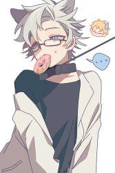 Rule 34 | ..., 2boys, animal ears, atou haruki, black collar, black shirt, blonde hair, blue eyes, cat boy, cat ears, chinese commentary, collar, commentary request, crumbs, doughnut, food, food in mouth, glasses, kanou aogu, kemonomimi mode, lab coat, leash, long sleeves, male focus, multiple boys, no mouth, rumian75475, saibou shinkyoku, shirt, short hair, simple background, spoken ellipsis, sweatdrop, upper body, white background, white shirt
