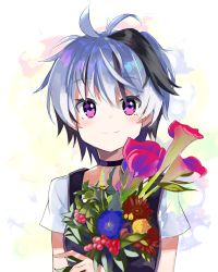 Rule 34 | 1girl, absurdres, bad id, bad pixiv id, berry, blouse, bouquet, calla lily, collar, commentary, dress, flower, flower (vocaloid), flower (vocaloid4), highres, holding, holding bouquet, leaf, lily (flower), looking at viewer, morning glory, multicolored hair, note55885, pinafore dress, purple dress, purple eyes, purple hair, shirt, shirt under dress, short hair, short sleeves, sleeveless dress, smile, solo, streaked hair, sunflower, upper body, vocaloid, white hair, white shirt
