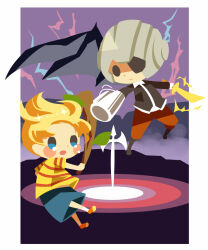 Rule 34 | 2boys, black eyes, black jacket, black wings, blonde hair, blue shorts, blush stickers, border, brown pants, closed mouth, flying, helmet, hitofutarai, holding, holding stick, holding sword, holding weapon, jacket, lucas (mother 3), male focus, masked man (mother 3), mother (game), mother 3, multiple boys, nintendo, open mouth, orange footwear, pants, shirt, shorts, single wing, solid oval eyes, stick, striped clothes, striped shirt, sword, tears, weapon, white border, wings