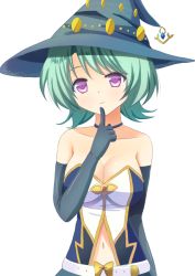 Rule 34 | 10s, 1girl, bare shoulders, breasts, cleavage, elbow gloves, finger to mouth, gloves, green hair, hat, large breasts, merc storia, navel, purple eyes, roaanu, shizukage (shizukageya), short hair, sizukage, smile, solo, white background, witch hat