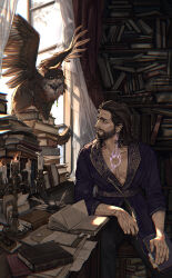 Rule 34 | 1boy, absurdres, baldur&#039;s gate, baldur&#039;s gate 3, bara, beard stubble, body markings, book, brown hair, candle, cat, character request, chest hair, dungeons &amp; dragons, facial hair, feathered wings, gale (baldur&#039;s gate), highres, library, looking at animal, male focus, mature male, medium hair, mustache stubble, nyeigneous, partially unbuttoned, pectoral cleavage, pectorals, slit pupils, smile, solo, stubble, sunlight, thick eyebrows, wings
