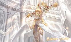 Rule 34 | 1girl, absurdres, angel wings, armor, armored dress, armpits, arms up, artist request, blonde hair, clothing cutout, cross, detached sleeves, douluo dalu, flower, hair ornament, highres, light, long hair, parted lips, qian renxue (douluo dalu), rose, second-party source, side cutout, solo, statue, upper body, wings