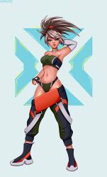 Rule 34 | absurdres, akali, blue eyes, breasts, highres, large breasts, league of legends, lingerie, long hair, multicolored hair, non-web source, sports bra, two-tone hair, underwear, wide hips