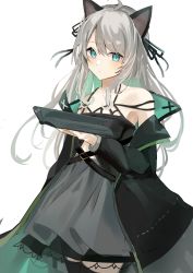 Rule 34 | 1girl, ahoge, animal ear fluff, animal ears, arknights, azuazu 0405, bare shoulders, black jacket, black ribbon, blue eyes, book, closed mouth, grey hair, grey skirt, hair between eyes, hair ribbon, hand up, highres, holding, holding book, jacket, long hair, long sleeves, looking at viewer, mint (arknights), mint (elite ii) (arknights), off shoulder, open book, open clothes, open jacket, pleated skirt, puffy long sleeves, puffy sleeves, ribbon, simple background, skirt, solo, standing, thighhighs, very long hair, white background