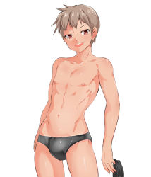Rule 34 | 1boy, abs, black male swimwear, black one-piece swimsuit, brown hair, bulge, collarbone, cowboy shot, highres, male swimwear, navel, nipples, one-piece swimsuit, open mouth, original, pxkanif, red eyes, simple background, smile, swim briefs, swimsuit, teeth
