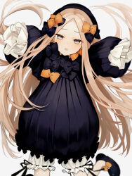 Rule 34 | 1girl, abigail williams (fate), black bow, black dress, black hat, blonde hair, bloomers, blue eyes, blush, bow, breasts, dress, fate/grand order, fate (series), forehead, hair bow, hat, highres, long hair, long sleeves, looking at viewer, multiple hair bows, open mouth, orange bow, parted bangs, ribbed dress, sleeves past fingers, sleeves past wrists, small breasts, solo, sumi (gfgf 045), underwear, variant set, white bloomers