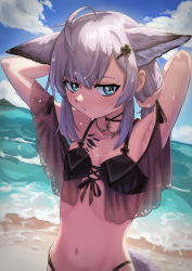 Rule 34 | 1girl, absurdres, ahoge, animal ear fluff, animal ears, arknights, arm up, armpits, arms behind head, bare arms, bare shoulders, bikini, black bikini, blue eyes, blue sky, breasts, closed mouth, cloud, cloudy sky, collarbone, commentary request, day, eyebrows hidden by hair, greyscale, hair between eyes, hair ornament, hairclip, hand up, highres, horizon, looking at viewer, material growth, monochrome, navel, ocean, oripathy lesion (arknights), outdoors, see-through, shirahari, sky, small breasts, solo, sussurro (arknights), sussurro (summer flower) (arknights), swimsuit, tail, water, wet, wet hair, x hair ornament