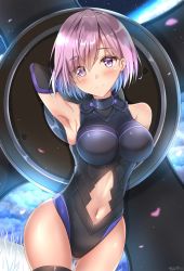 Rule 34 | 1girl, arm behind back, arm behind head, armor, armored dress, armpits, bad id, bad pixiv id, bare shoulders, black dress, black thighhighs, blush, breasts, character cutout, commentary request, detached sleeves, dress, eyes visible through hair, fate/grand order, fate (series), hair over one eye, highres, leotard, light purple hair, looking at viewer, mash kyrielight, medium breasts, navel, outdoors, purple eyes, purple hair, shield, short hair, sky, sleeveless, smile, solo, sunsun2812, thighhighs, translation request
