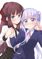 Rule 34 | 10s, 2girls, blue eyes, blush, brown hair, highres, holding hands, long hair, looking at viewer, multiple girls, new game!, official art, open mouth, purple eyes, purple hair, smile, suzukaze aoba, takimoto hifumi, tokunou shoutarou, twintails, wavy mouth, yuri
