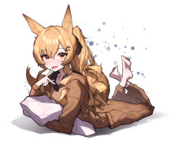 Rule 34 | 1girl, absurdres, animal ears, arknights, beudelb, black bow, bow, brown hair, brown pajamas, ceobe (arknights), dog ears, dog girl, dog tail, fang, finger to mouth, hair between eyes, hair bow, hair ornament, hairclip, hand up, highres, holding, holding pillow, legs up, long hair, looking at viewer, lying, on stomach, onesie, open mouth, pajamas, pillow, red eyes, simple background, skin fang, solo, tail, very long hair, white background