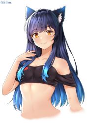 Rule 34 | 1girl, absurdres, animal ears, bare shoulders, black hair, black shirt, blue hair, blush, breasts, brown eyes, cleavage, closed mouth, collarbone, crop top, fox ears, highres, long hair, looking at viewer, multicolored hair, rachel bouvier, shirt, simple background, small breasts, smile, solo, two-tone hair, upper body, very long hair, white background