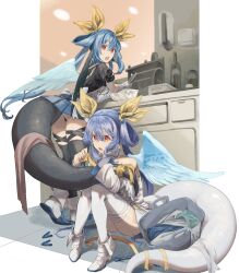 Rule 34 | 2girls, absurdres, alternate color, angel wings, apron, ass, asymmetrical wings, black thighhighs, blue hair, border, bowl, butt crack, clothes, cooking, dizzy (guilty gear), dual persona, food, gloves, guilty gear, guilty gear xrd, hair between eyes, hair ribbon, hair rings, highres, indoors, kitchen, laundry basket, long hair, maid apron, monster girl, multiple girls, oeillet vie, open mouth, red eyes, ribbon, shelf, sidelocks, single wing, sitting, skirt, slippers, spoon, standing, tail, tail ornament, tail ribbon, thigh strap, thighhighs, twintails, twitter username, upskirt, white border, white gloves, white thighhighs, white wings, wings, yellow ribbon