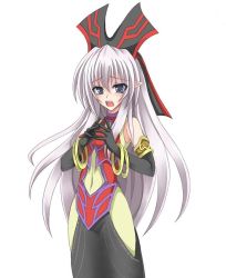 Rule 34 | 1girl, blue eyes, blush, bracelet, covered navel, duel monster, elbow gloves, gloves, jewelry, long hair, looking at viewer, open mouth, pointy ears, ruin, queen of oblivion, shy, simple background, solo, standing, white background, white hair