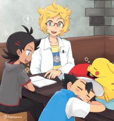Rule 34 | !, 3boys, :d, ash ketchum, black pants, blonde hair, blue eyes, blush, book, bubble, character print, coat, commentary request, creatures (company), curly hair, game freak, gen 1 pokemon, glasses, goh (pokemon), grey eyes, grey shirt, highres, holding, indoors, magnemite, male focus, multiple boys, nintendo, open clothes, open coat, open mouth, pants, pikachu, pokemon, pokemon (anime), pokemon (creature), pokemon journeys, pokesumomo, ren (pokemon), shirt, short sleeves, sleeping, smile, sparkle, spoken exclamation mark, t-shirt, table, teeth, tongue, upper teeth only, white coat, yellow shirt